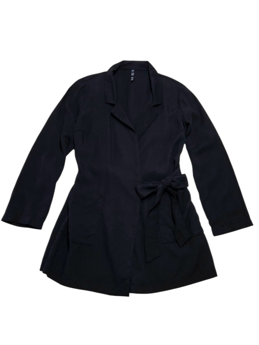 ZARA TRF Black Romper Bow Tie front, Long Sleeve, 100% Lyocell, pockets, Sz Med